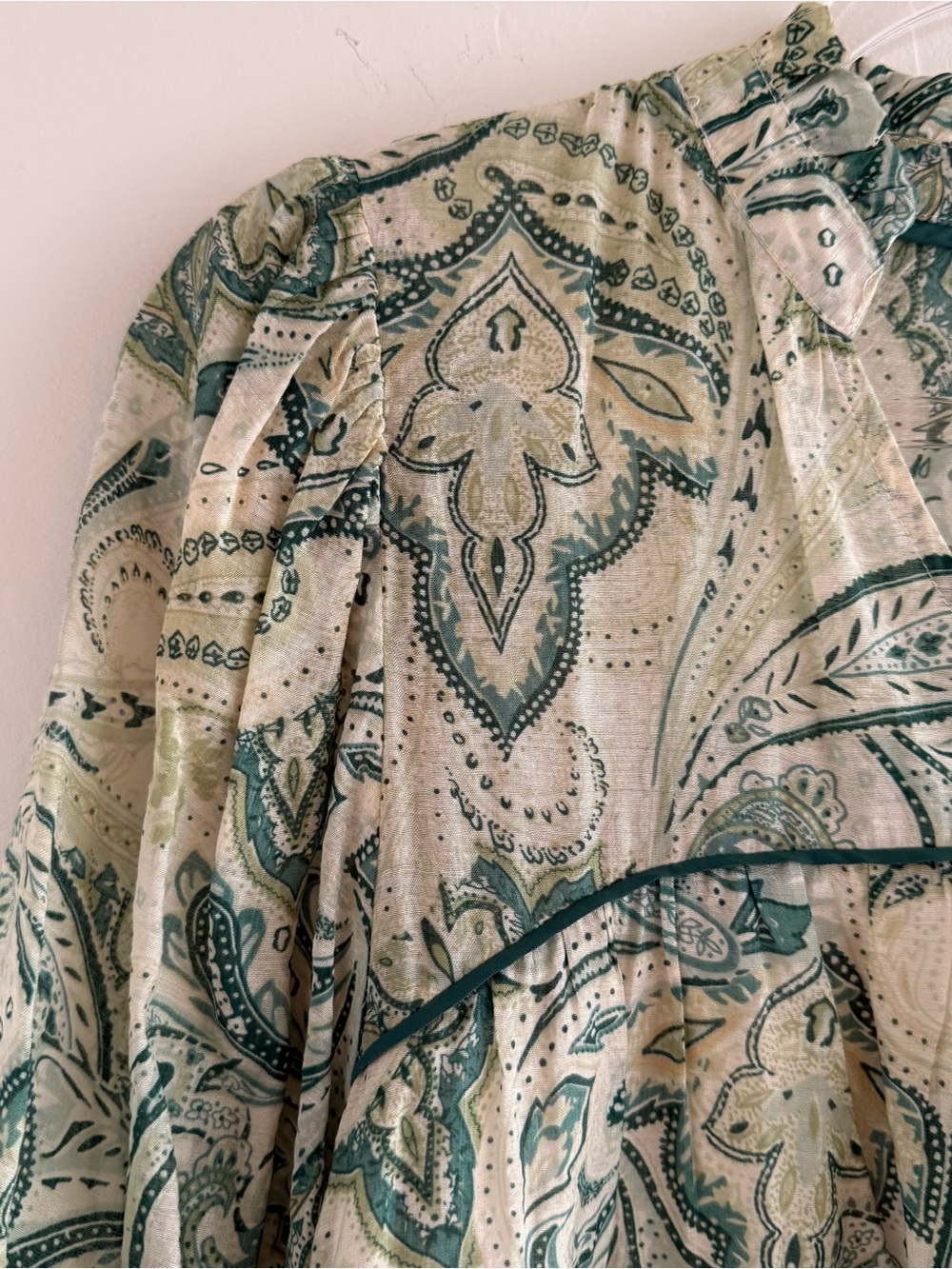 Umgee Green Ivory Paisley Peasant Blouse 3/4 Sleeve Boho Top Medium - Picture 3 of 13